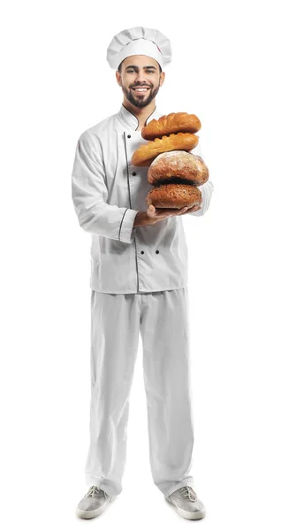 Chef with fresh bread on white background — Stock Photo, Image