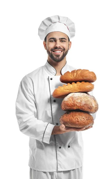 Koch mit frischem Brot auf weißem Hintergrund — Stockfoto
