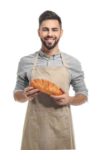 Бейкер зі свіжим хлібом на білому фоні — стокове фото