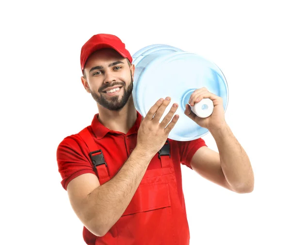 Dostawca z butelką wody na białym tle — Zdjęcie stockowe