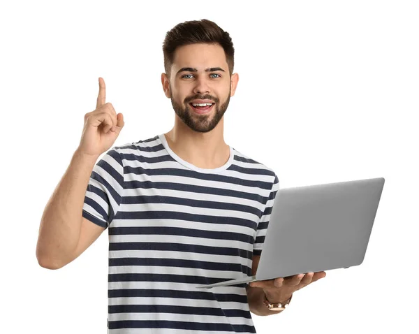 Male programmer with laptop and raised index finger on white background — Stock Photo, Image