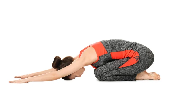Sportliche Frau praktiziert Yoga auf weißem Hintergrund — Stockfoto