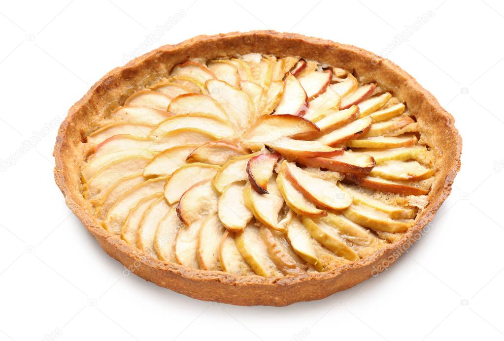 Tasty apple pie on white background