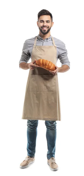 Baker with fresh bread on white background — Stock Photo, Image