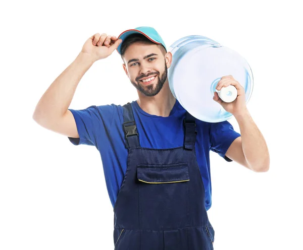 Entrega hombre con botella de agua sobre fondo blanco — Foto de Stock