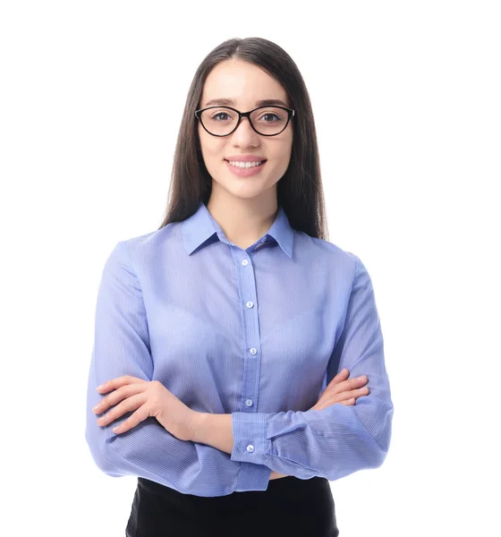 Hermosa joven empresaria sobre fondo blanco — Foto de Stock