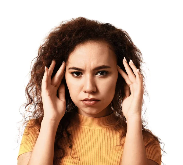 Stressed young woman on white background — Stock Photo, Image