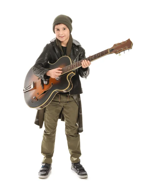 Cool little boy with guitar on white background — Stock Photo, Image