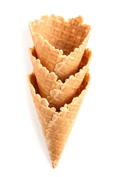Crunchy wafer cones on white background — Stock Photo, Image
