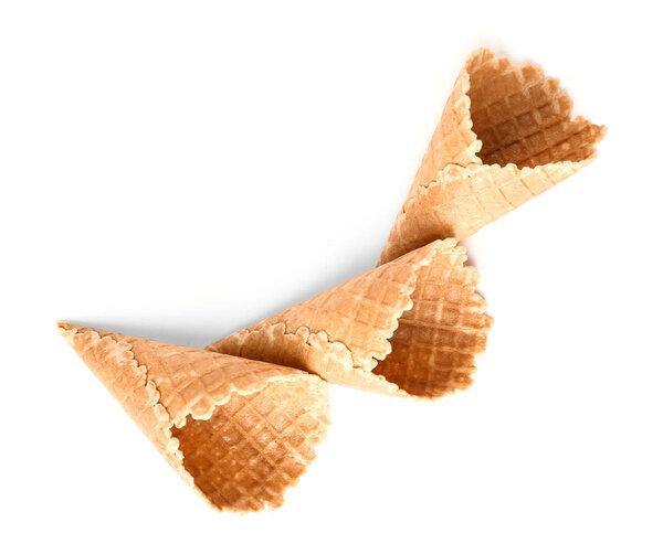Crunchy wafer cones on white background