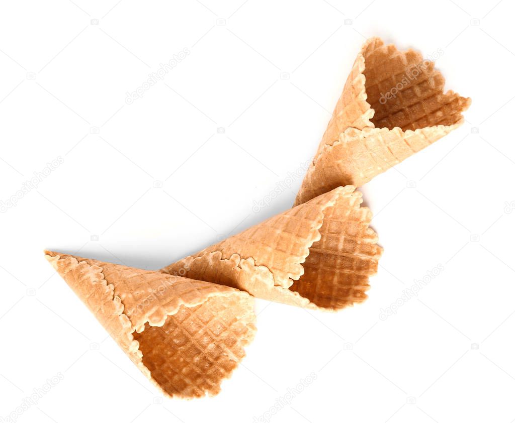 Crunchy wafer cones on white background