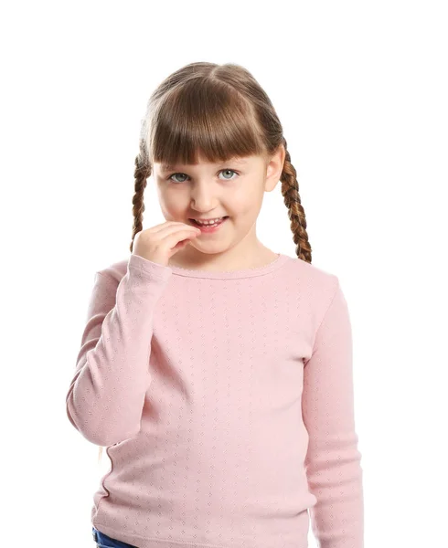 Cute deaf mute girl using sign language on white background — Stock Photo, Image