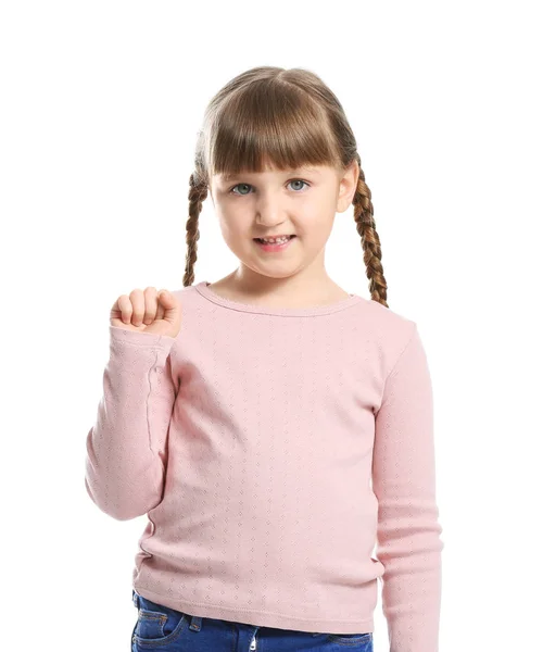 Cute deaf mute girl using sign language on white background — Stock Photo, Image