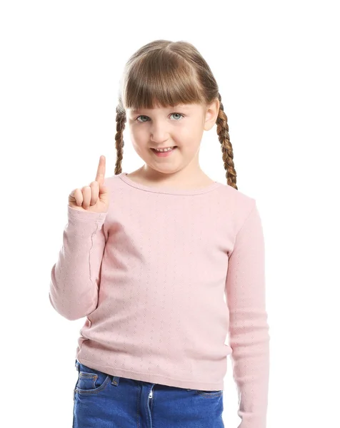 Roztomilá hluchá dívka používající jazyk pro podepisování na bílém pozadí — Stock fotografie