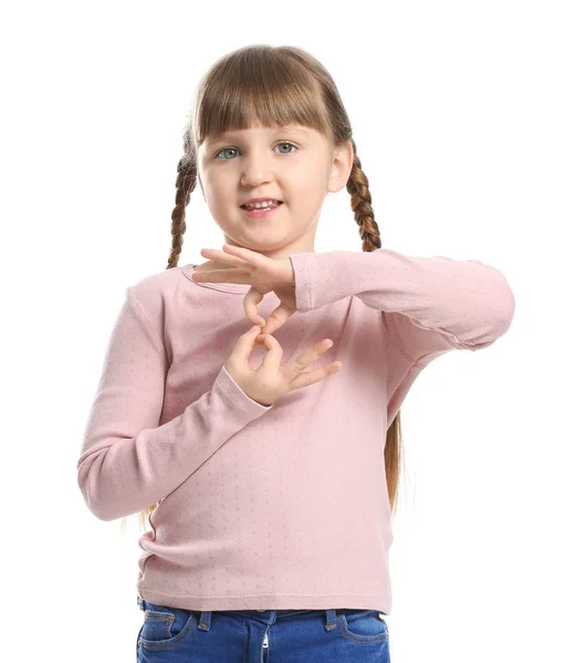 Cute deaf mute girl using sign language on white background — Stock Photo, Image