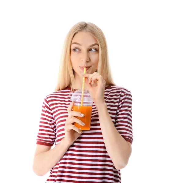 Beautiful young woman with fresh juice on white background — Stock Photo, Image