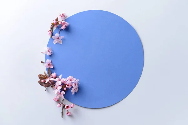 Paper circle and beautiful blossoming branches on light background — Stock Photo, Image