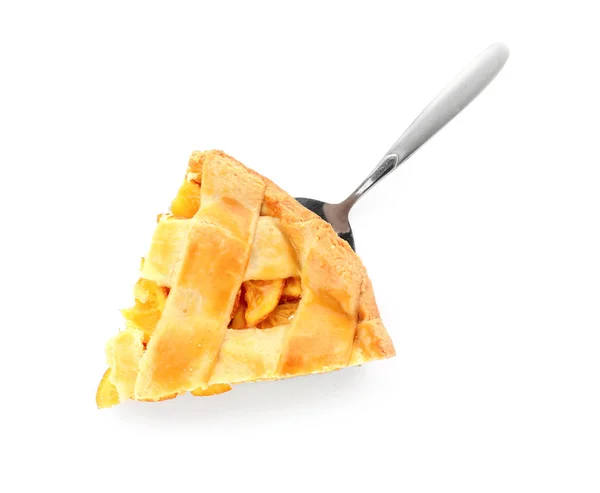 Piece of tasty orange pie on white background — Stock Photo, Image