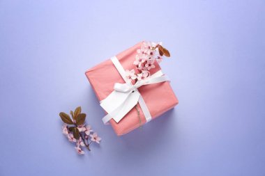 Hediye kutusu ve renkli arka planda güzel çiçek dalları