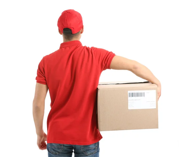 Delivery man with box on white background, back view — Stock Photo, Image