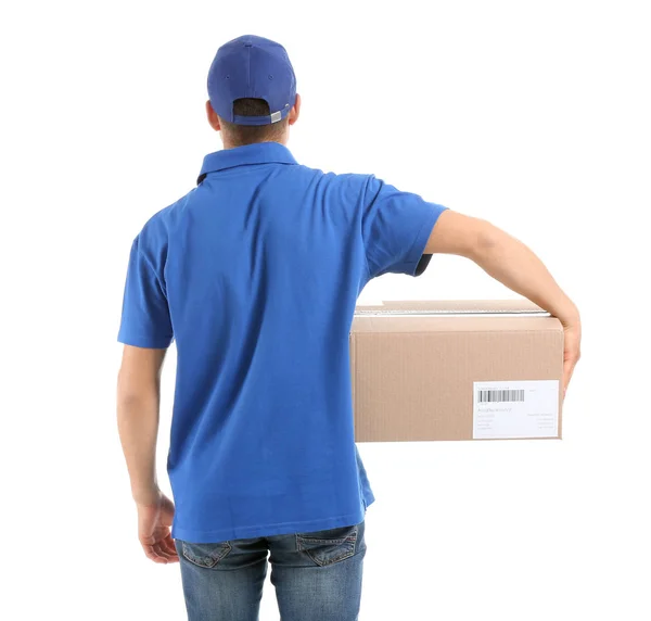 Delivery man with box on white background, back view — Stock Photo, Image