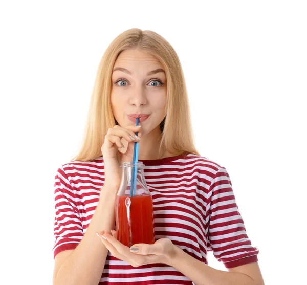 Beautiful young woman with bottle of fresh juice on white background — Stock Photo, Image