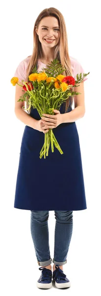 Kvinnlig florist med bukett på vit bakgrund — Stockfoto