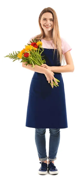 Vrouwelijke bloemist met boeket op witte achtergrond — Stockfoto