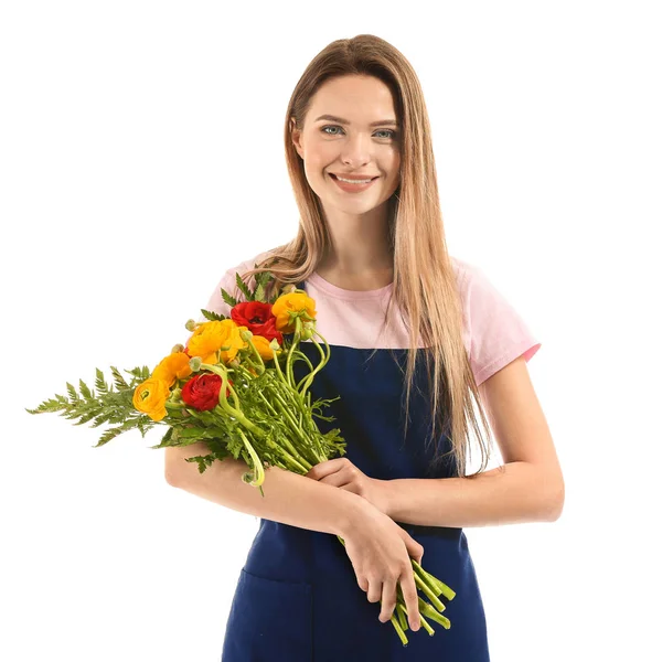 Kvinnlig florist med bukett på vit bakgrund — Stockfoto