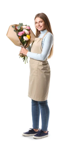 Florista femenina con ramo sobre fondo blanco —  Fotos de Stock