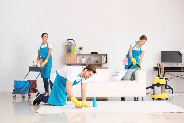 Team of janitors cleaning flat