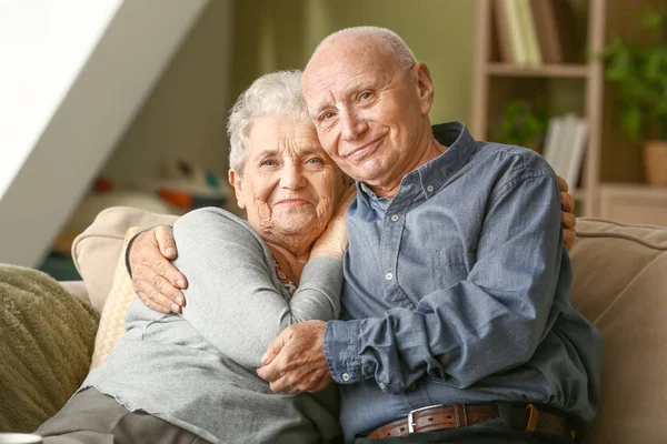 Retrato de feliz pareja de ancianos en casa —  Fotos de Stock