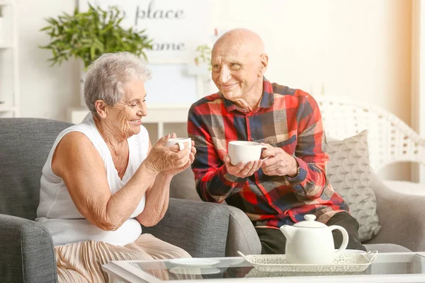 Porträt eines älteren Ehepaares, das zu Hause Tee trinkt — Stockfoto