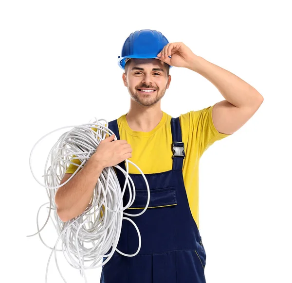 Eletricista masculino no fundo branco — Fotografia de Stock