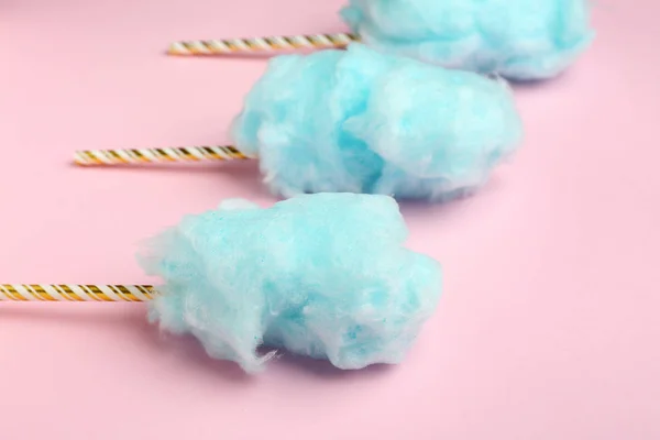 Tasty cotton candy on color background — Stock Photo, Image