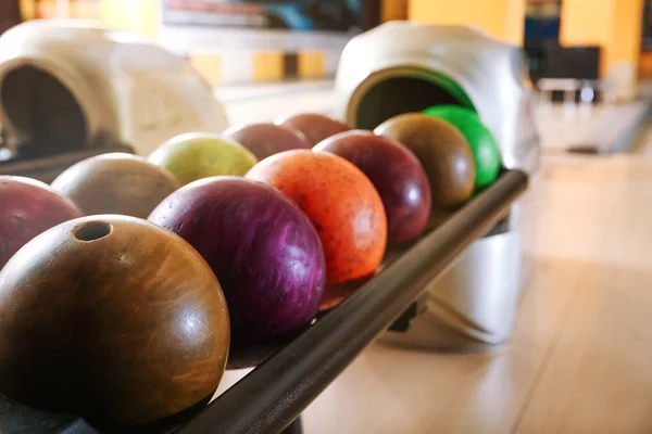 Stand with balls in bowling club — Stock Photo, Image
