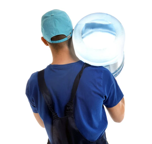 Delivery man with bottle of water on white background — Stock Photo, Image