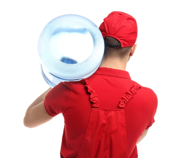 Delivery man with bottle of water on white background — Stock Photo, Image