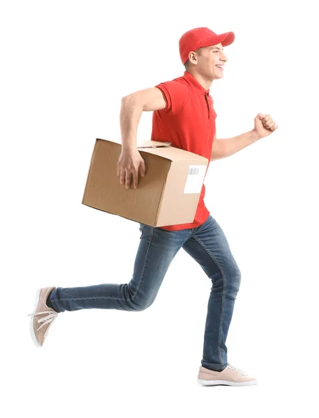 Running delivery man with box on white background — Stock Photo, Image