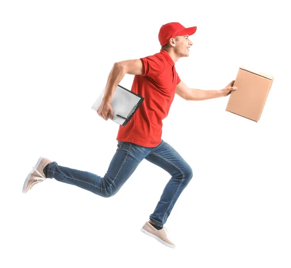 Running delivery man with box and clipboard on white background — Stock Photo, Image