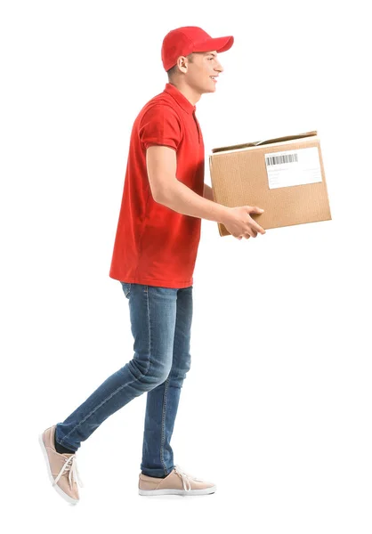 Delivery man met doos op witte achtergrond — Stockfoto