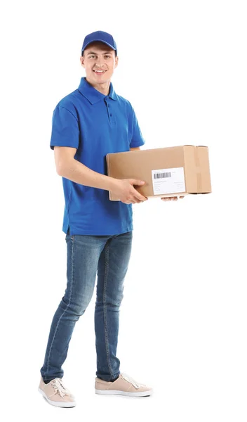 Delivery man med låda på vit bakgrund — Stockfoto