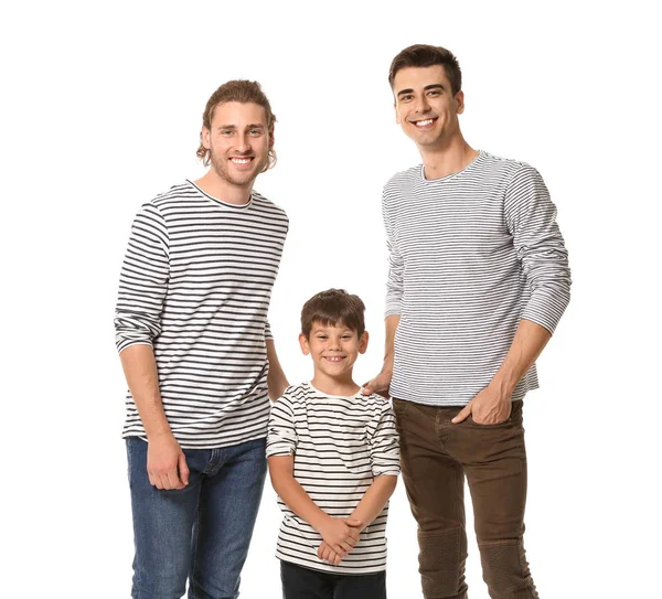 Feliz pareja gay con niño adoptado en fondo blanco — Foto de Stock