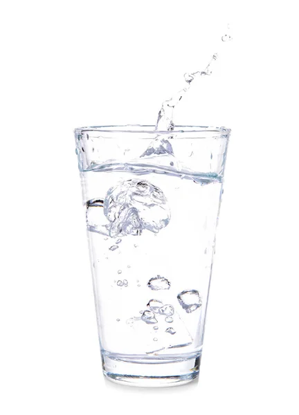 Glass of fresh water with splash on white background — Stock Photo, Image