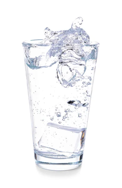 Glass of fresh water with splash on white background — Stock Photo, Image
