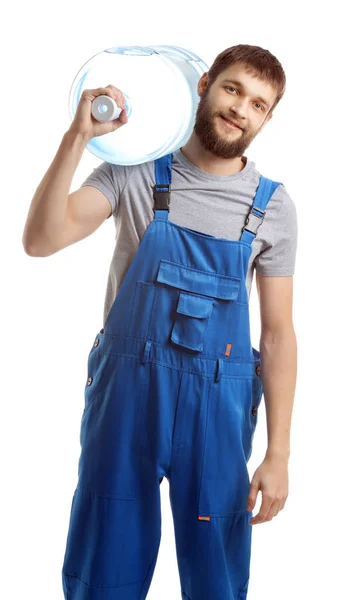 Entrega mensajero con botella de agua sobre fondo blanco —  Fotos de Stock