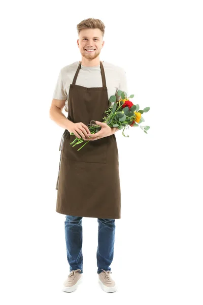 Bonito florista em fundo branco — Fotografia de Stock