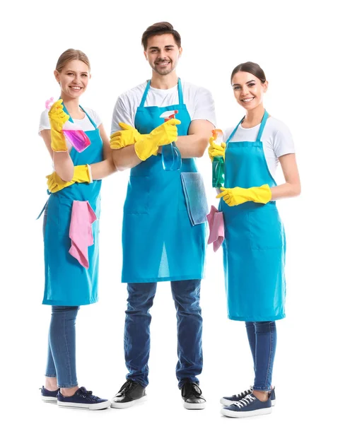 Team of janitors on white background — Stock Photo, Image