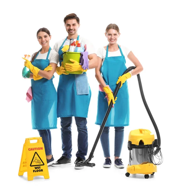 Team of janitors on white background — Stock Photo, Image