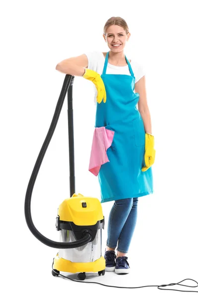 Female janitor with vacuum cleaner on white background — Stock Photo, Image